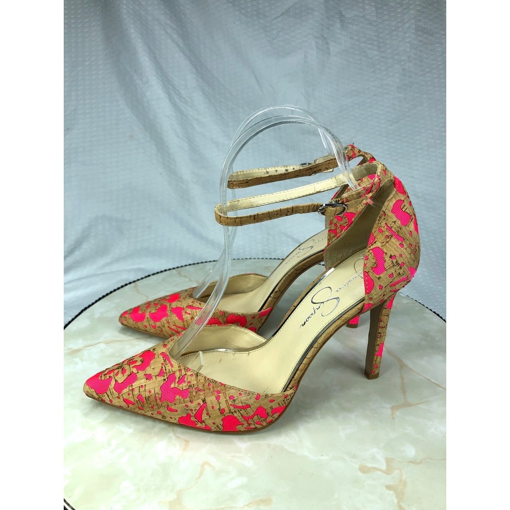Jessica Simpson Floral Cork Ankle Strap Stilettos Heel Women 8 Pink Pointed Toe - Picture 5 of 12